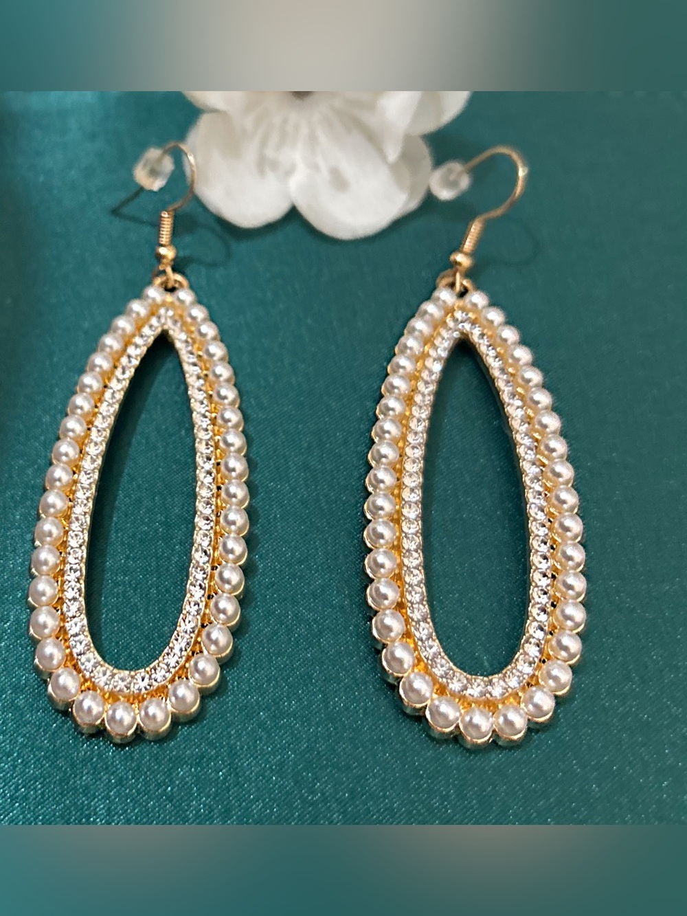 Faux Pearl & Rhinestone Gold-tone Teardrop Earrings - Picture 3 of 9